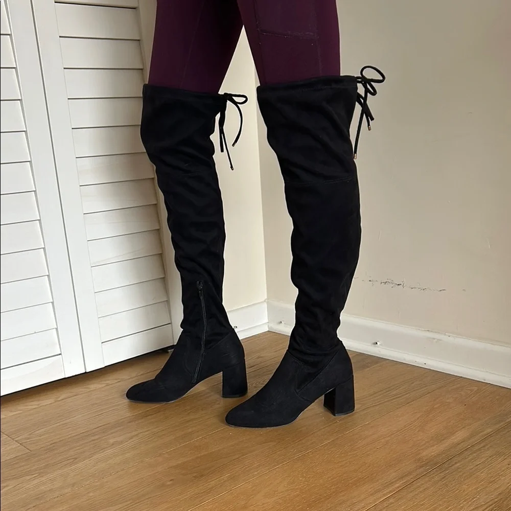 Size 8.5 | Osana | Over-The-Knee Black Heeled Boots | Chic & Sleek Silhouette